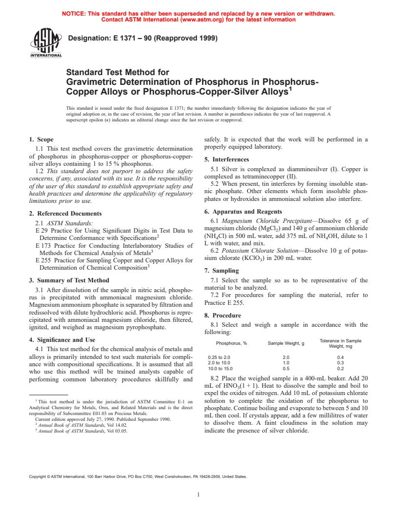 ASTM E1371-90(1999) - Standard Test Method for Gravimetric Determination of Phosphorus in Phosphorus-Copper Alloys or Phosphorus-Copper-Silver Alloys