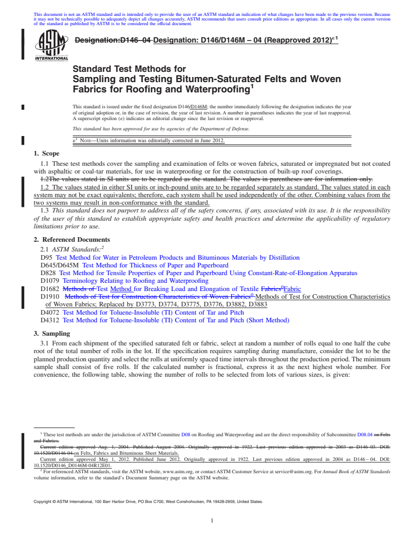 REDLINE ASTM D146/D146M-04(2012)e1 - Standard Test Methods for Sampling and Testing Bitumen-Saturated Felts and Woven Fabrics for Roofing and Waterproofing