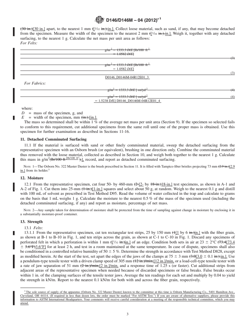 REDLINE ASTM D146/D146M-04(2012)e1 - Standard Test Methods for Sampling and Testing Bitumen-Saturated Felts and Woven Fabrics for Roofing and Waterproofing