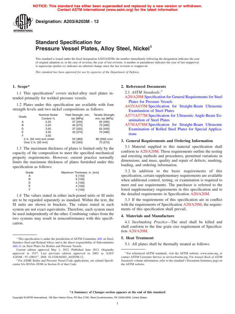 ASTM A203/A203M-12 - Standard Specification for  Pressure Vessel Plates, Alloy Steel, Nickel