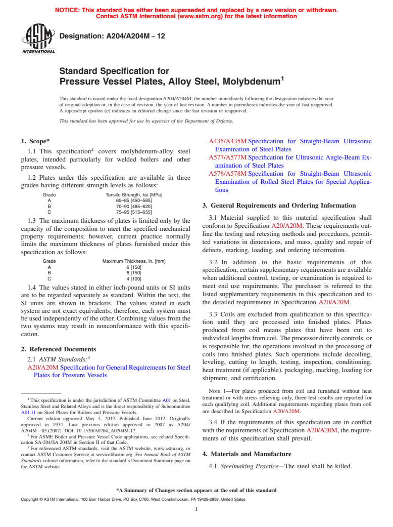 ASTM A204/A204M-12 - Standard Specification for  Pressure Vessel Plates, Alloy Steel, Molybdenum