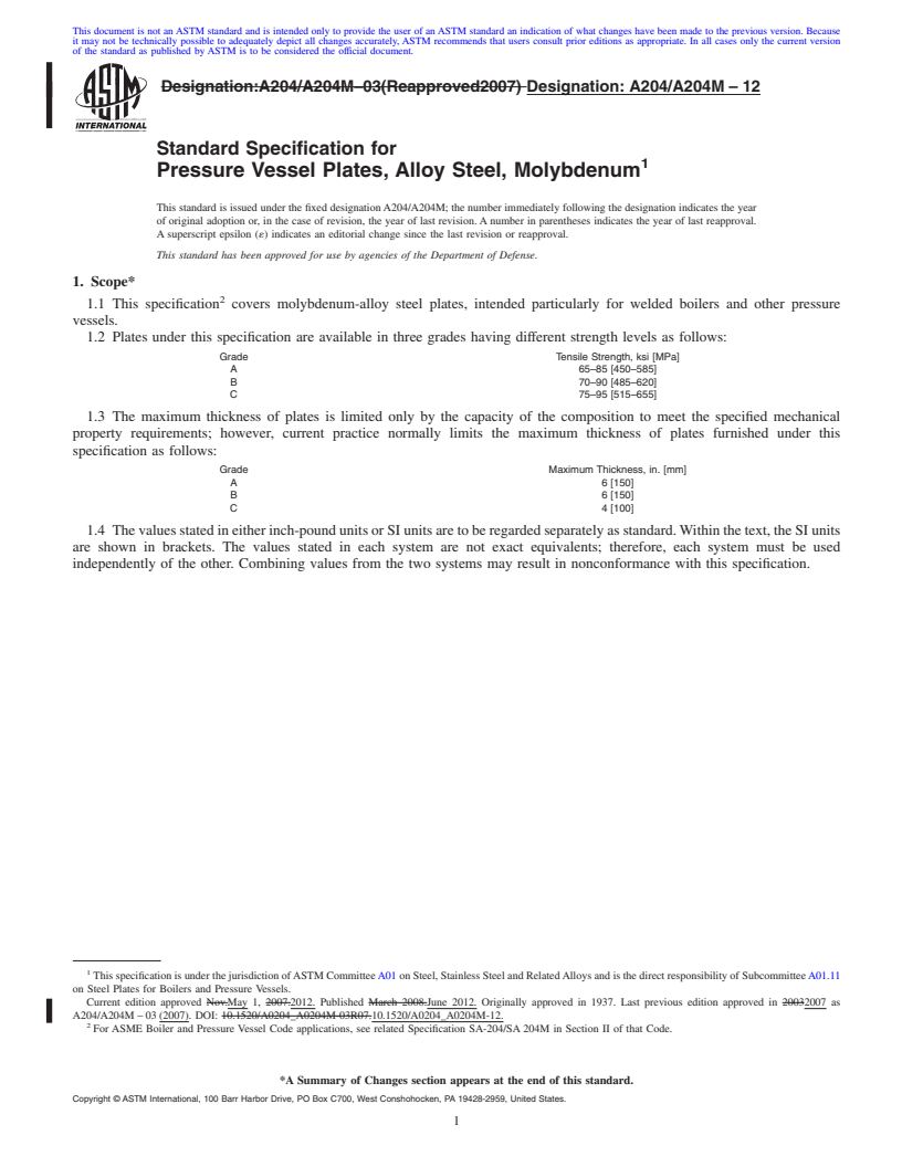 REDLINE ASTM A204/A204M-12 - Standard Specification for  Pressure Vessel Plates, Alloy Steel, Molybdenum