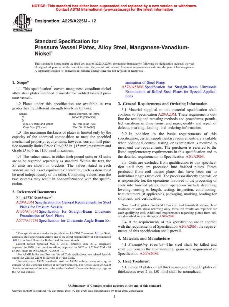 ASTM A225/A225M-12 - Standard Specification for  Pressure Vessel Plates, Alloy Steel, Manganese-Vanadium-Nickel