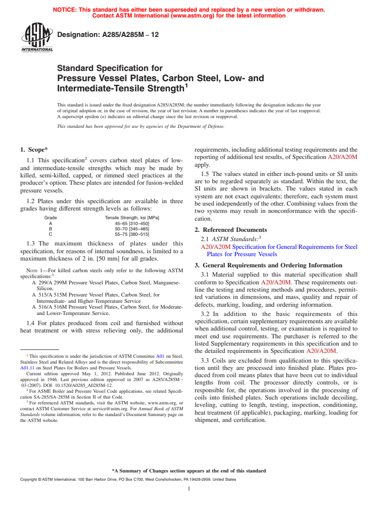 ASTM A285/A285M-12 - Standard Specification for  Pressure Vessel Plates, Carbon Steel, Low- and Intermediate-Tensile Strength