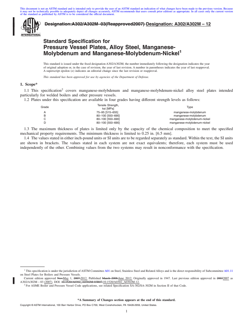 REDLINE ASTM A302/A302M-12 - Standard Specification for  Pressure Vessel Plates, Alloy Steel, Manganese-Molybdenum and Manganese-Molybdenum-Nickel