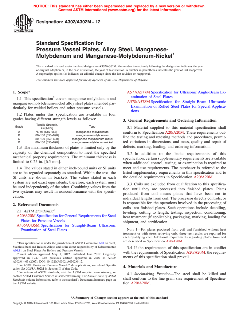 ASTM A302/A302M-12 - Standard Specification for  Pressure Vessel Plates, Alloy Steel, Manganese-Molybdenum and Manganese-Molybdenum-Nickel