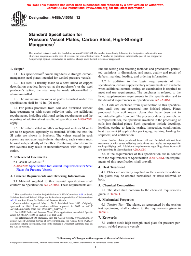 ASTM A455/A455M-12 - Standard Specification for  Pressure Vessel Plates, Carbon Steel, High-Strength Manganese