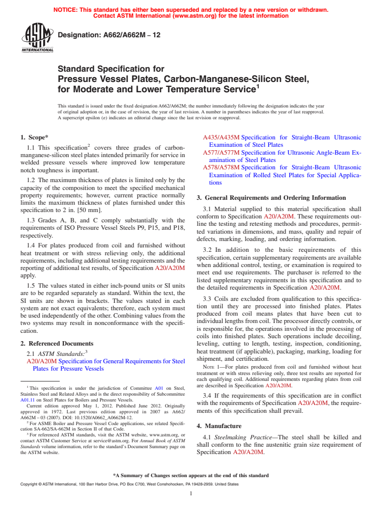 ASTM A662/A662M-12 - Standard Specification for Pressure Vessel Plates, Carbon-Manganese-Silicon Steel, for Moderate and Lower Temperature Service