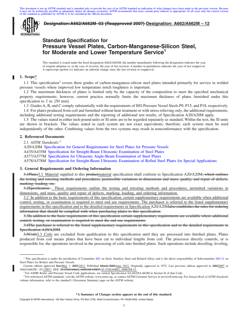 REDLINE ASTM A662/A662M-12 - Standard Specification for Pressure Vessel Plates, Carbon-Manganese-Silicon Steel, for Moderate and Lower Temperature Service