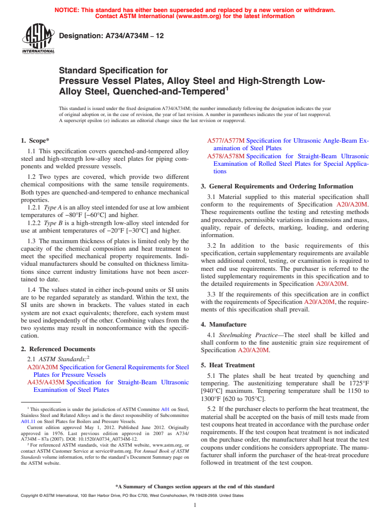 ASTM A734/A734M-12 - Standard Specification for Pressure Vessel Plates, Alloy Steel and High-Strength Low-Alloy Steel, Quenched-and-Tempered (Withdrawn 2017)