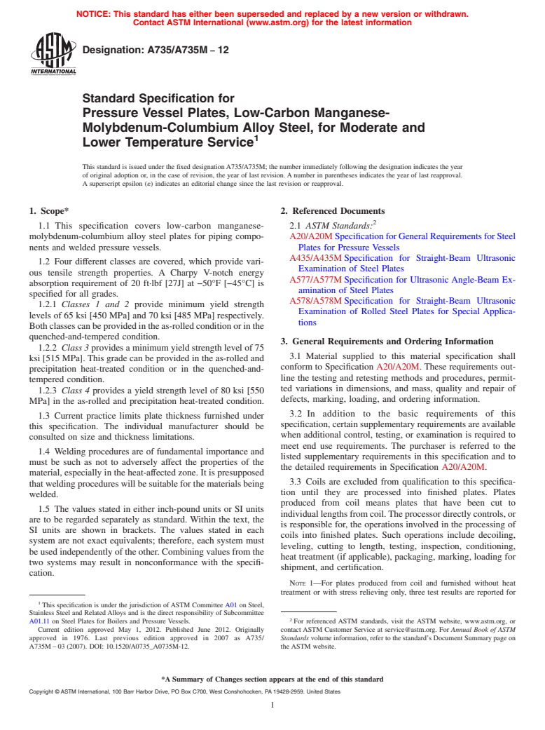 ASTM A735/A735M-12 - Standard Specification for Pressure Vessel Plates, Low-Carbon Manganese-Molybdenum-Columbium Alloy Steel, for Moderate and Lower Temperature Service (Withdrawn 2017)