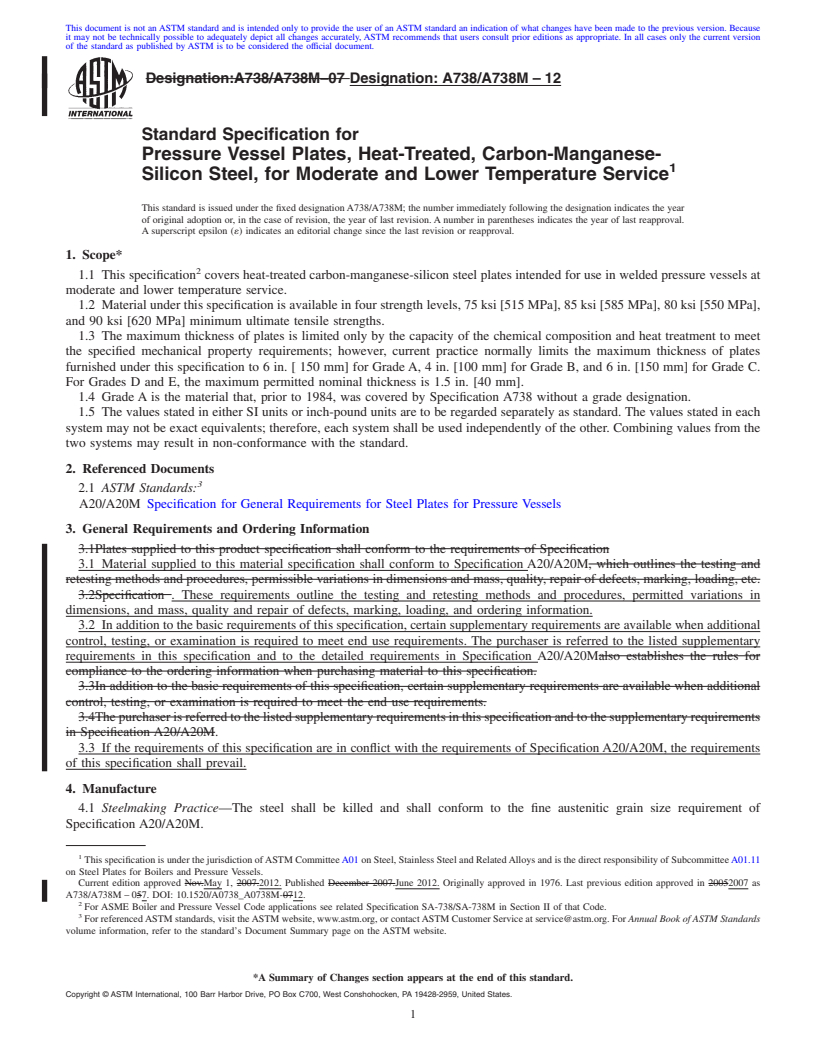 REDLINE ASTM A738/A738M-12 - Standard Specification for Pressure Vessel Plates, Heat-Treated, Carbon-Manganese-Silicon Steel, for Moderate and Lower Temperature Service