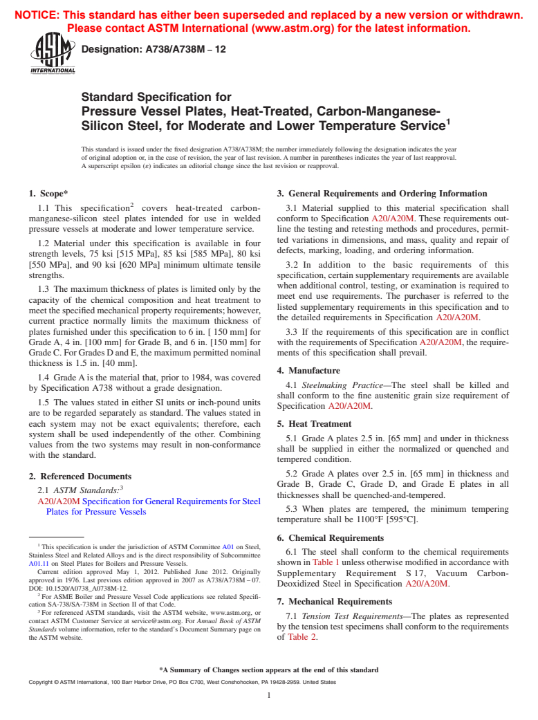 ASTM A738/A738M-12 - Standard Specification for Pressure Vessel Plates, Heat-Treated, Carbon-Manganese-Silicon Steel, for Moderate and Lower Temperature Service