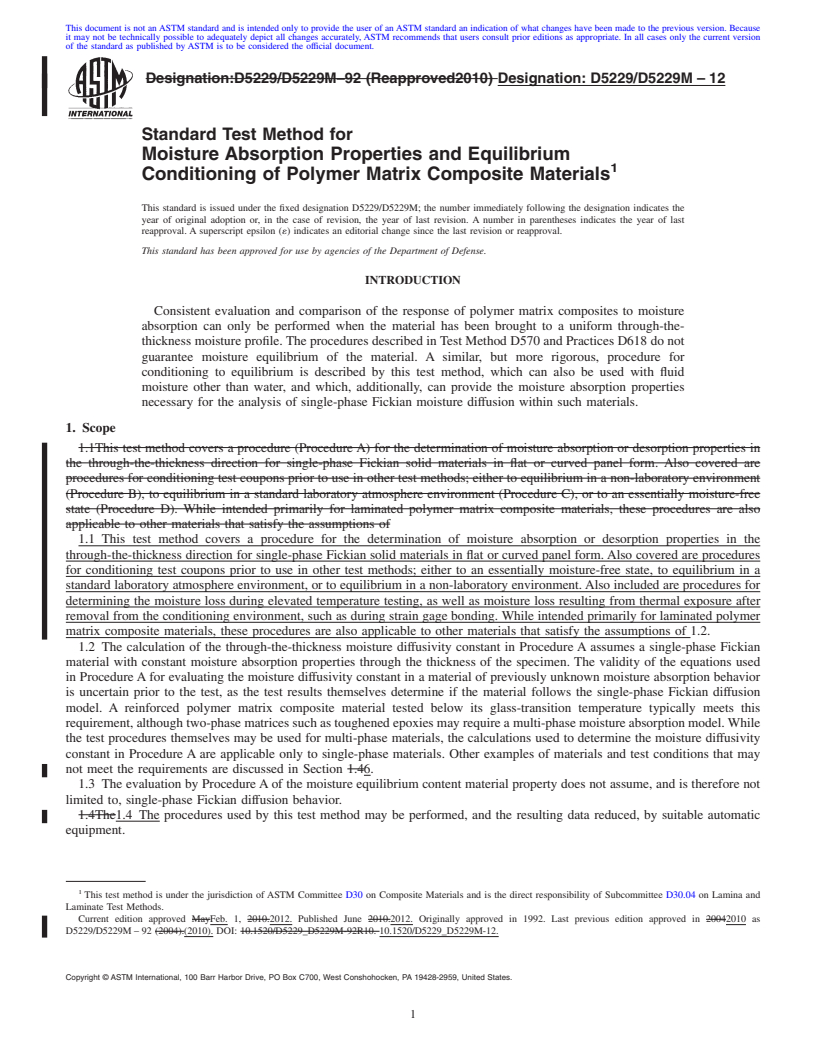 REDLINE ASTM D5229/D5229M-12 - Standard Test Method for  Moisture Absorption Properties and Equilibrium Conditioning of Polymer Matrix Composite Materials