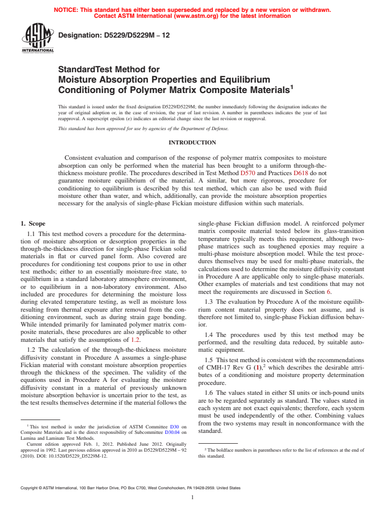 ASTM D5229/D5229M-12 - Standard Test Method for  Moisture Absorption Properties and Equilibrium Conditioning of Polymer Matrix Composite Materials