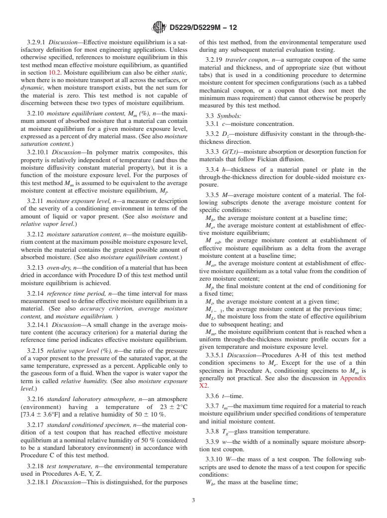 ASTM D5229/D5229M-12 - Standard Test Method for  Moisture Absorption Properties and Equilibrium Conditioning of Polymer Matrix Composite Materials