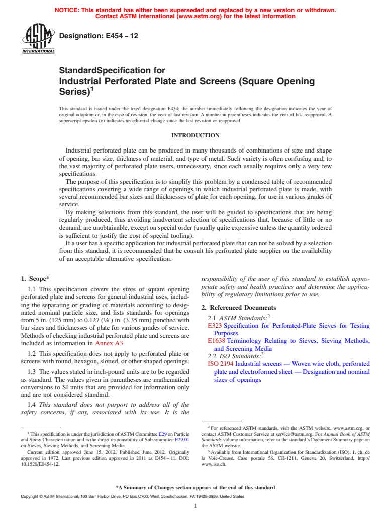 ASTM E454-12 - Standard Specification for  Industrial Perforated Plate and Screens (Square Opening Series)