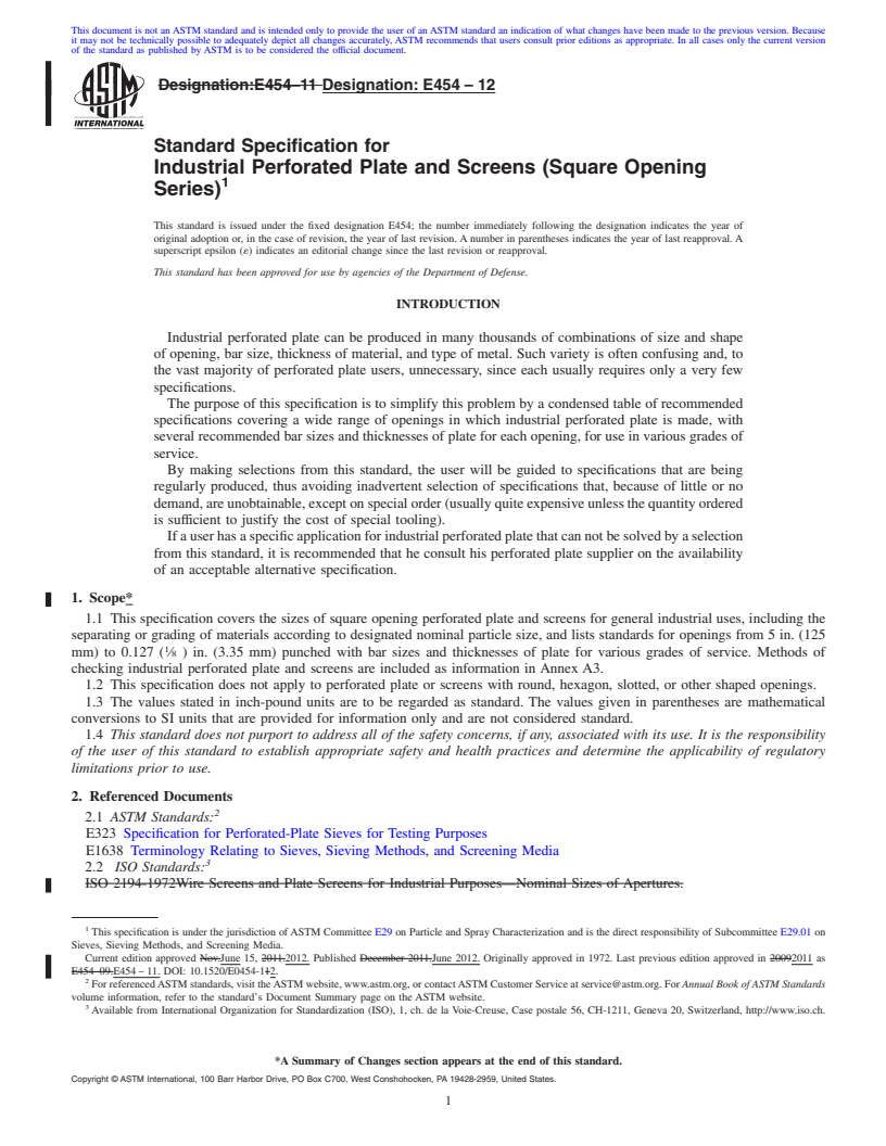 REDLINE ASTM E454-12 - Standard Specification for  Industrial Perforated Plate and Screens (Square Opening Series)