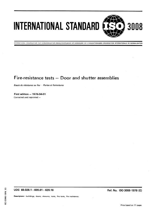 ISO 3008:1976 - Fire-resistance tests -- Door and shutter assemblies