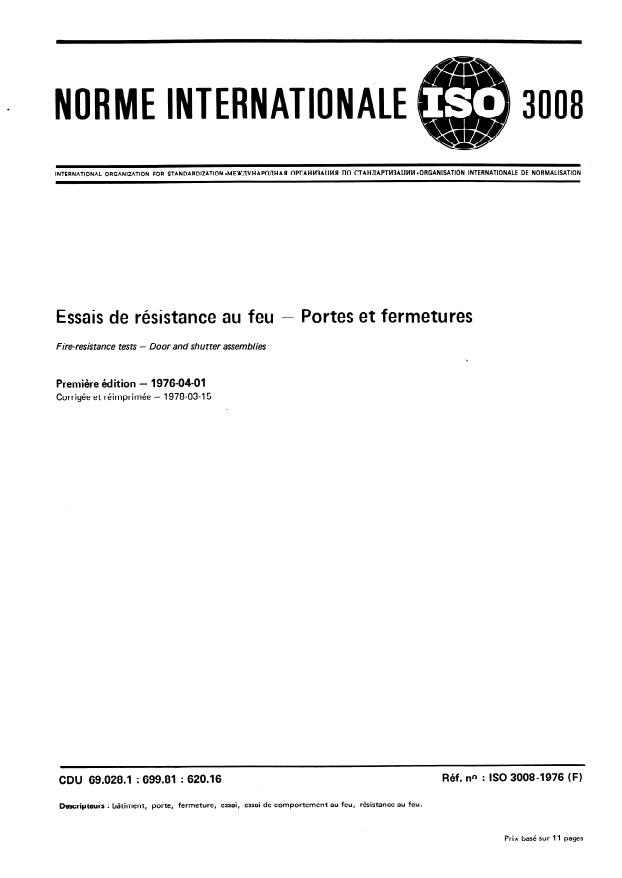 ISO 3008:1976 - Essais de résistance au feu -- Portes et fermetures