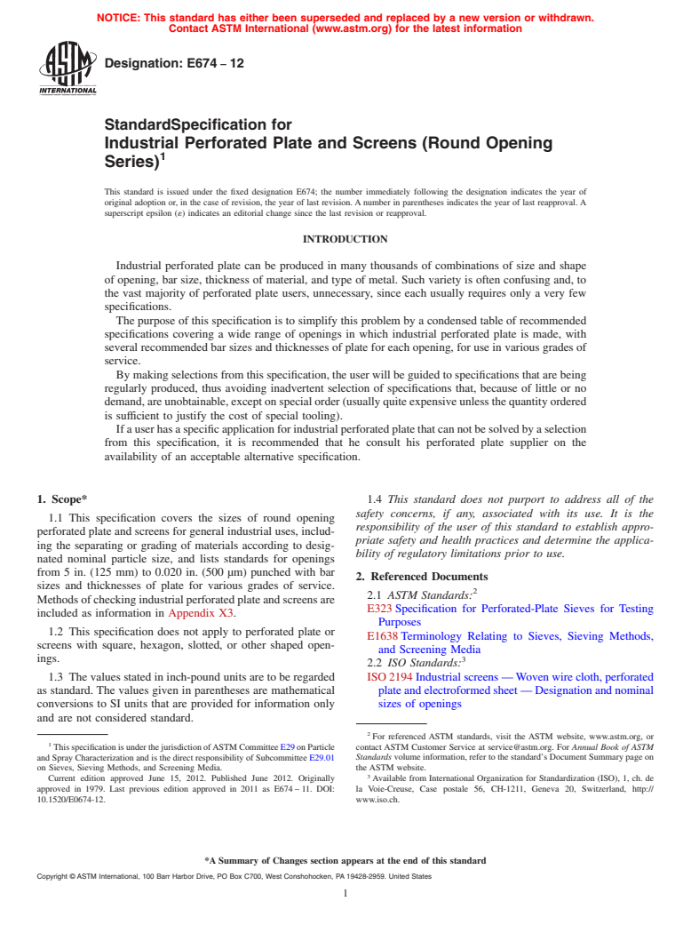 ASTM E674-12 - Standard Specification for  Industrial Perforated Plate and Screens (Round Opening Series)