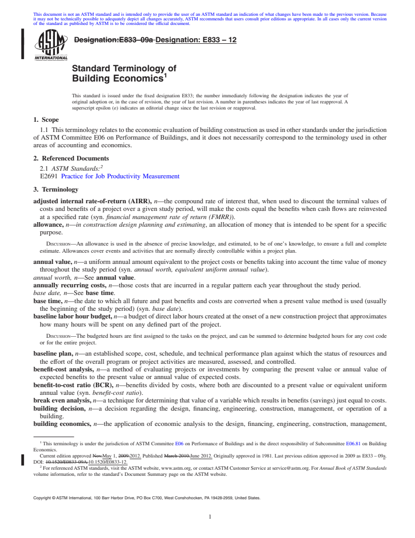 REDLINE ASTM E833-12 - Standard Terminology of  Building Economics