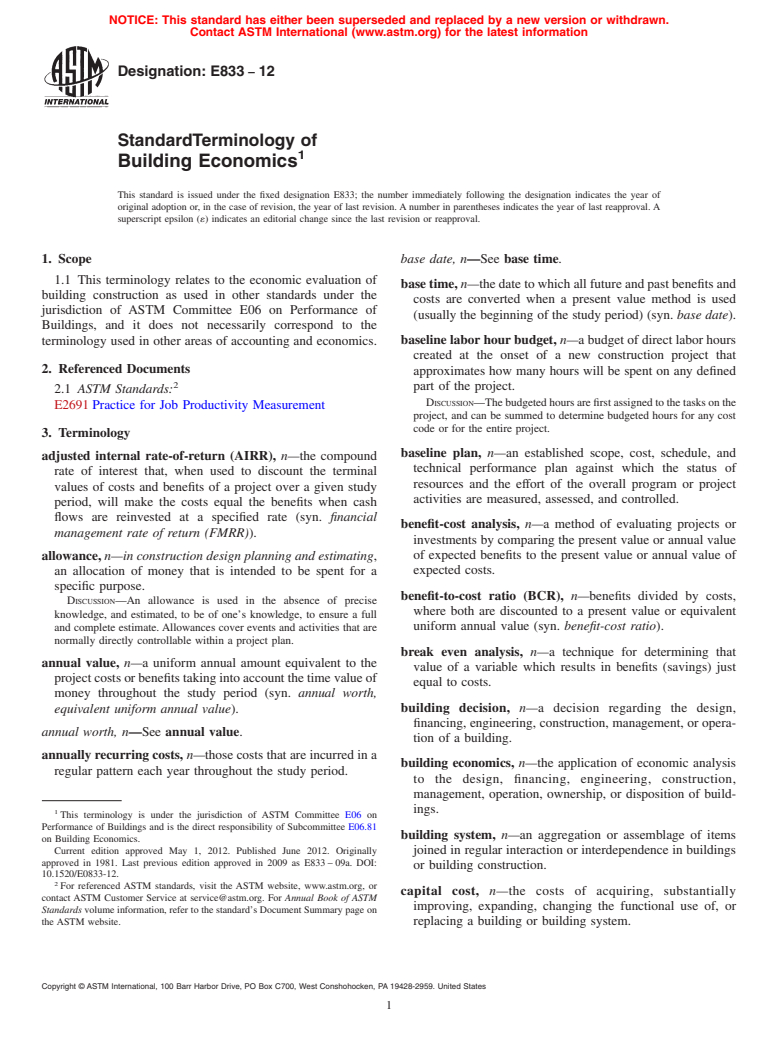 ASTM E833-12 - Standard Terminology of  Building Economics