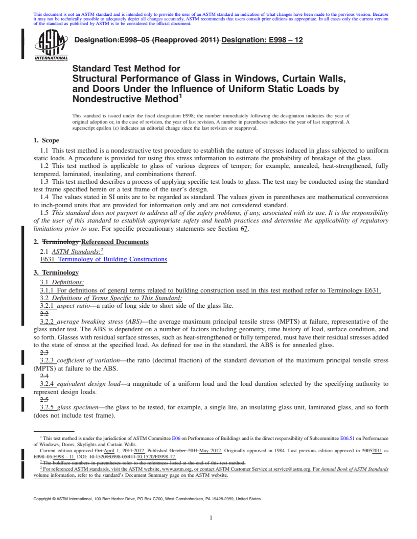 REDLINE ASTM E998-12 - Standard Test Method for  Structural Performance of Glass in Windows, Curtain Walls, and Doors Under the Influence of Uniform Static Loads by Nondestructive Method