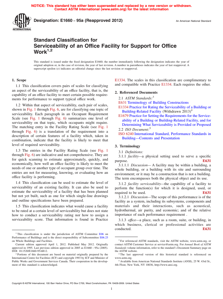 ASTM E1660-95a(2012) - Standard Classification for  Serviceability of an Office Facility for Support for Office Work