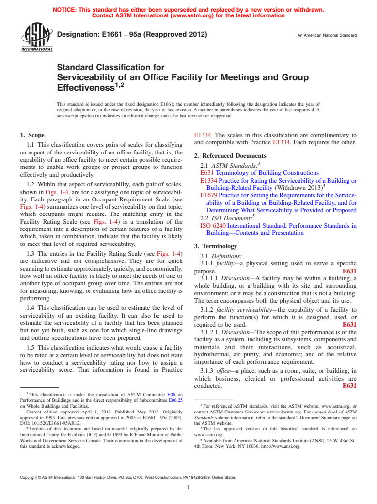 ASTM E1661-95a(2012) - Standard Classification for Serviceability of an Office Facility for Meetings and Group Effectiveness