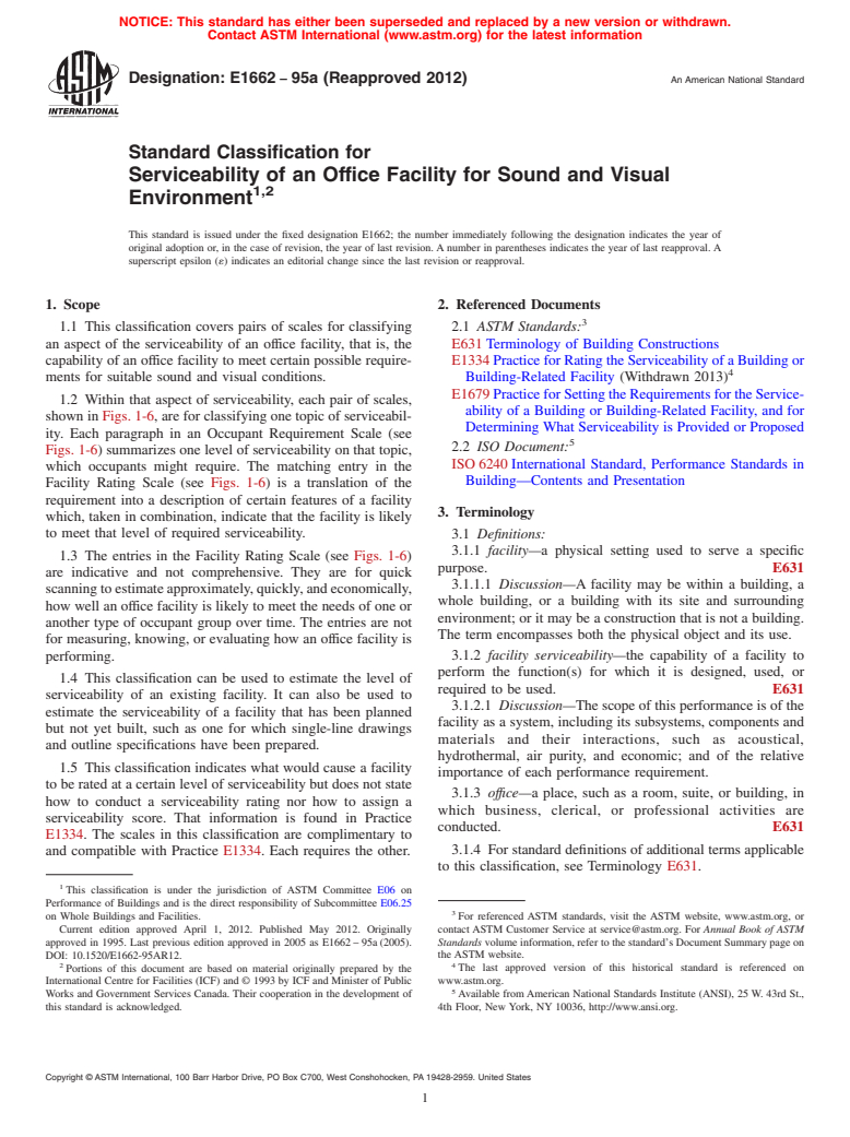 ASTM E1662-95a(2012) - Standard Classification for  Serviceability of an Office Facility for Sound and Visual Environment