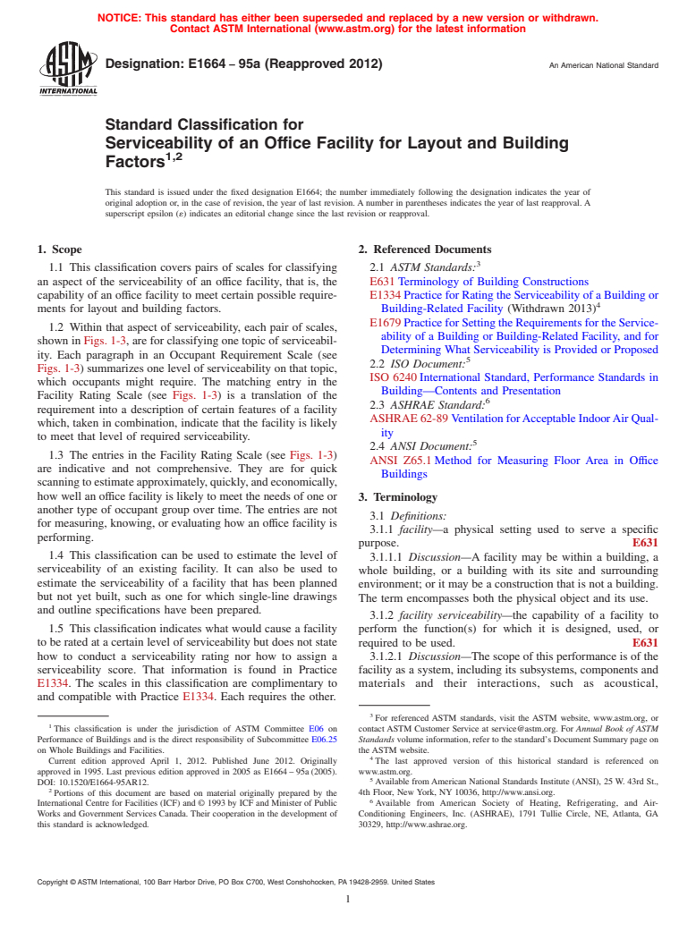 ASTM E1664-95a(2012) - Standard Classification for Serviceability of an Office Facility for Layout and Building Factors