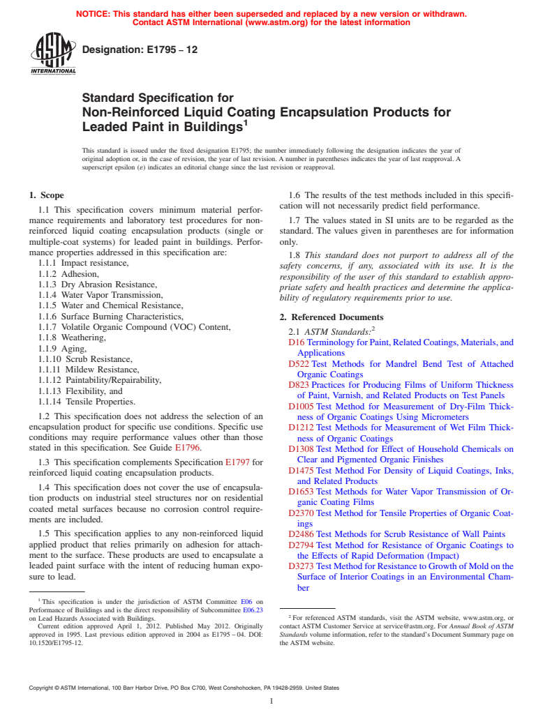 ASTM E1795-12 - Standard Specification for  Non-Reinforced Liquid Coating Encapsulation Products for Leaded Paint in Buildings