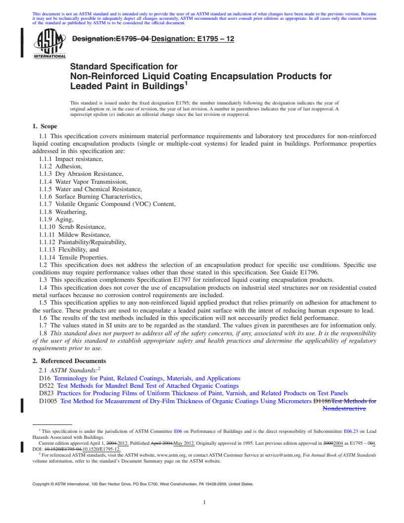 REDLINE ASTM E1795-12 - Standard Specification for  Non-Reinforced Liquid Coating Encapsulation Products for Leaded Paint in Buildings