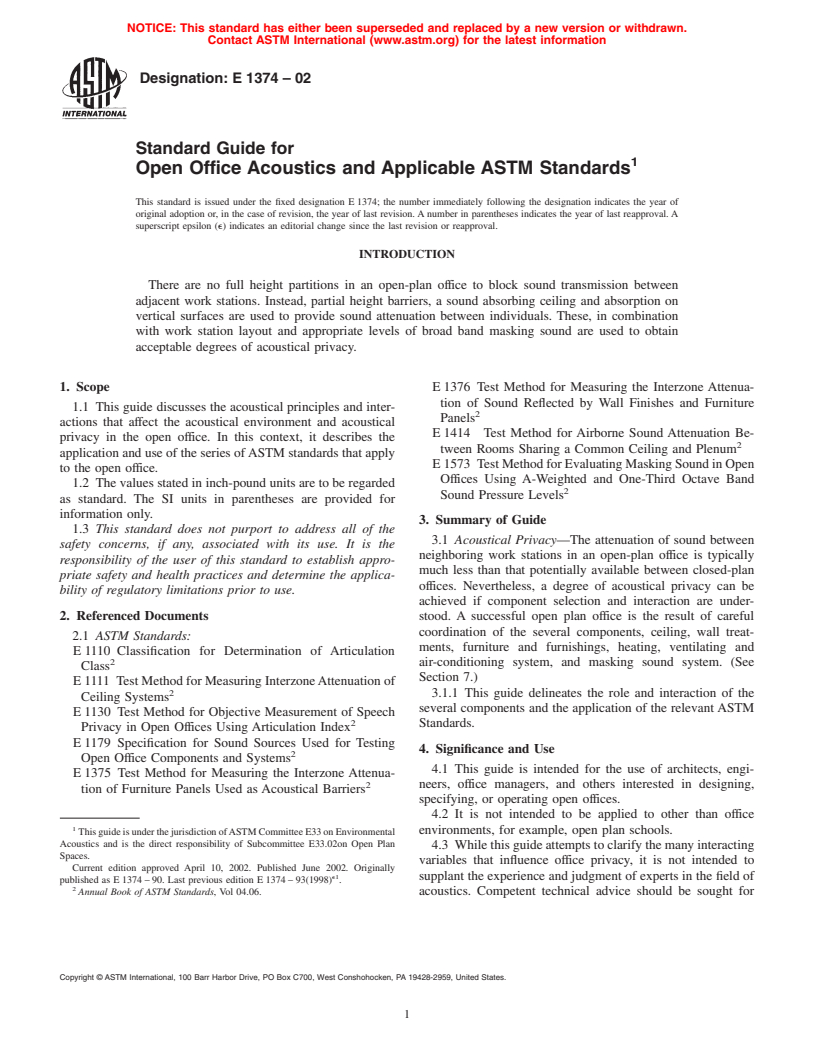 ASTM E1374-02 - Standard Guide for Open Office Acoustics and Applicable ASTM Standards