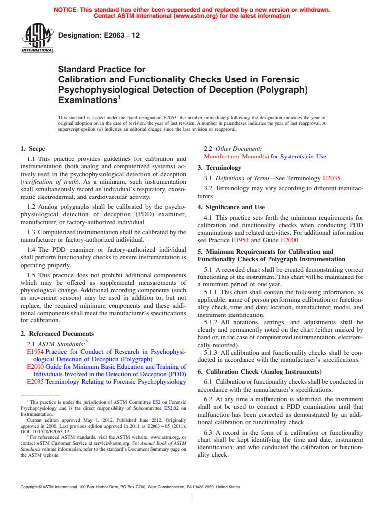 ASTM E2063-12 - Standard Practice for Calibration and Functionality Checks Used in Forensic Psychophysiological Detection of Deception (Polygraph) Examinations