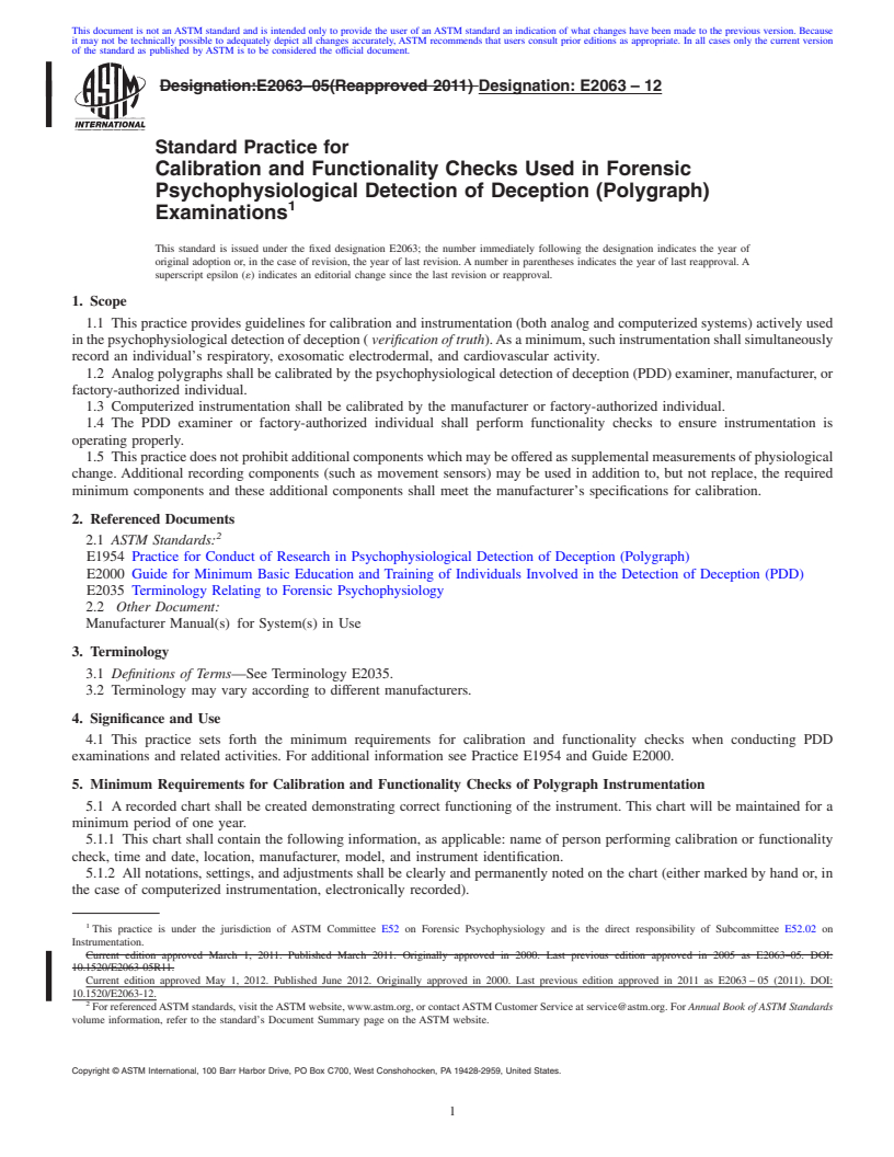 REDLINE ASTM E2063-12 - Standard Practice for Calibration and Functionality Checks Used in Forensic Psychophysiological Detection of Deception (Polygraph) Examinations