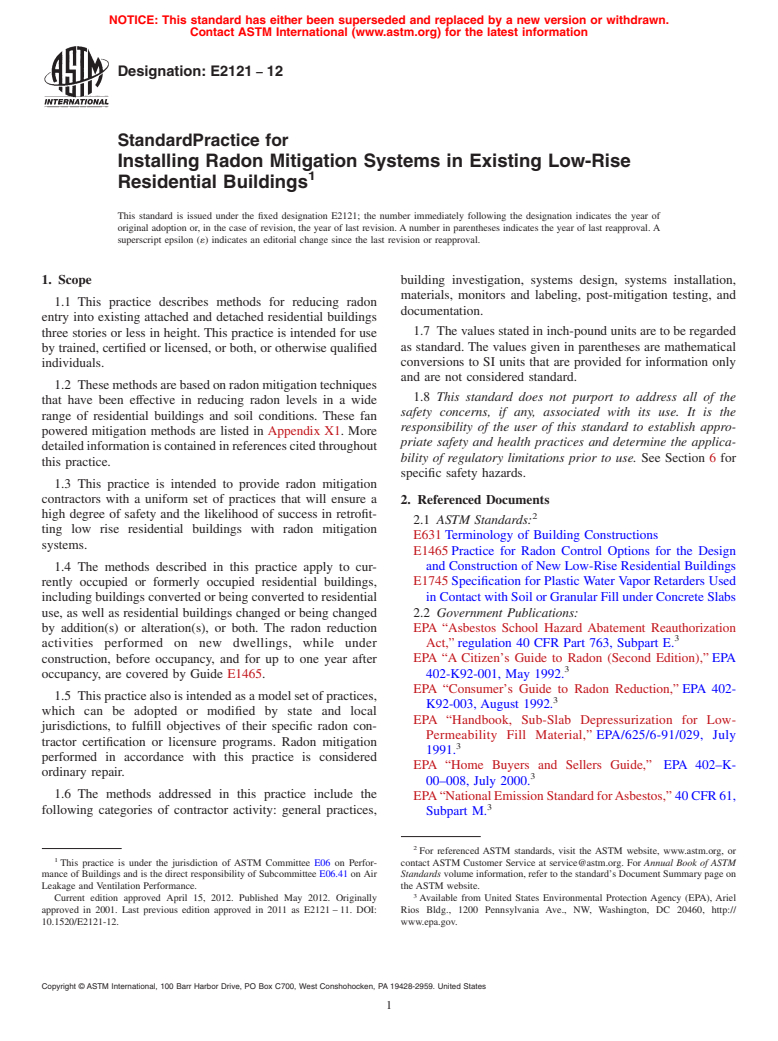 ASTM E2121-12 - Standard Practice for Installing Radon Mitigation Systems in Existing Low-Rise Residential Buildings