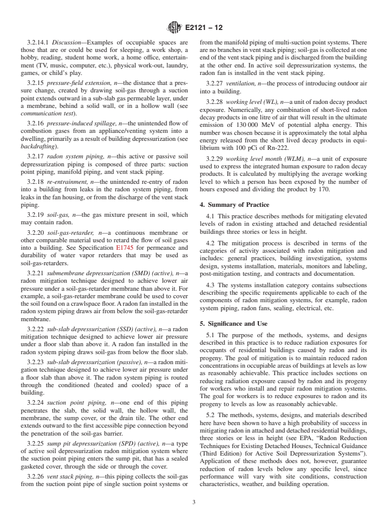 ASTM E2121-12 - Standard Practice for Installing Radon Mitigation Systems in Existing Low-Rise Residential Buildings