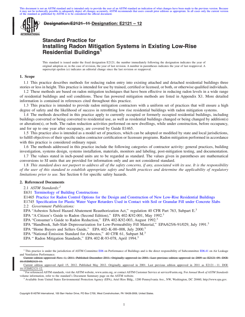 REDLINE ASTM E2121-12 - Standard Practice for Installing Radon Mitigation Systems in Existing Low-Rise Residential Buildings