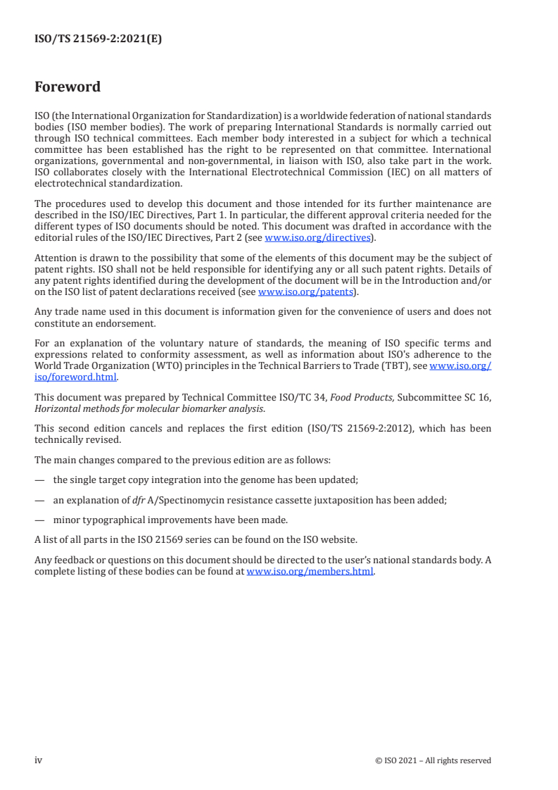 ISO/TS 21569-2:2021 ISO/TS 21569-2:2021 - Molecular biomarker analysis — Methods of analysis for the detection of genetically modified organisms and derived products — Part 2: Construct-specific real-time PCR method for detection of event FP967 in linseed and linseed products
Released:7/5/2021 - Page 4 preview