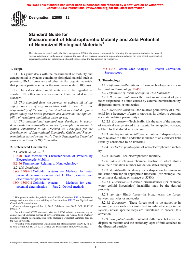 ASTM E2865-12 - Standard Guide for Measurement of Electrophoretic Mobility and Zeta Potential of Nanosized Biological Materials