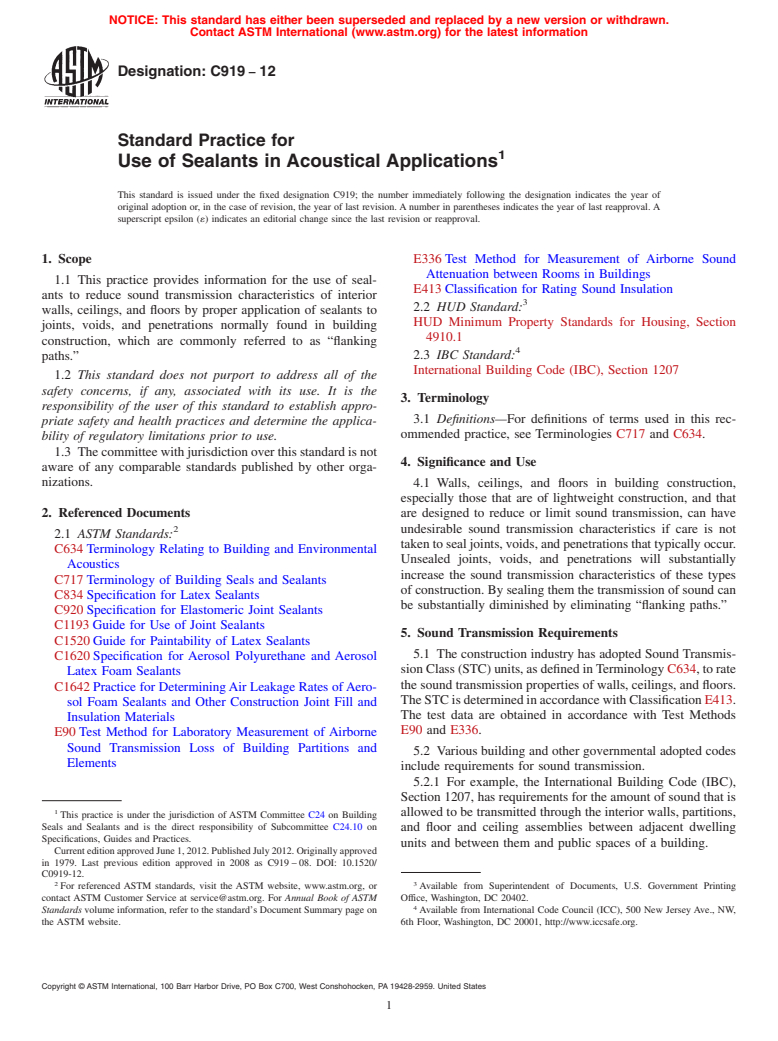 ASTM C919-12 - Standard Practice for  Use of Sealants in Acoustical Applications