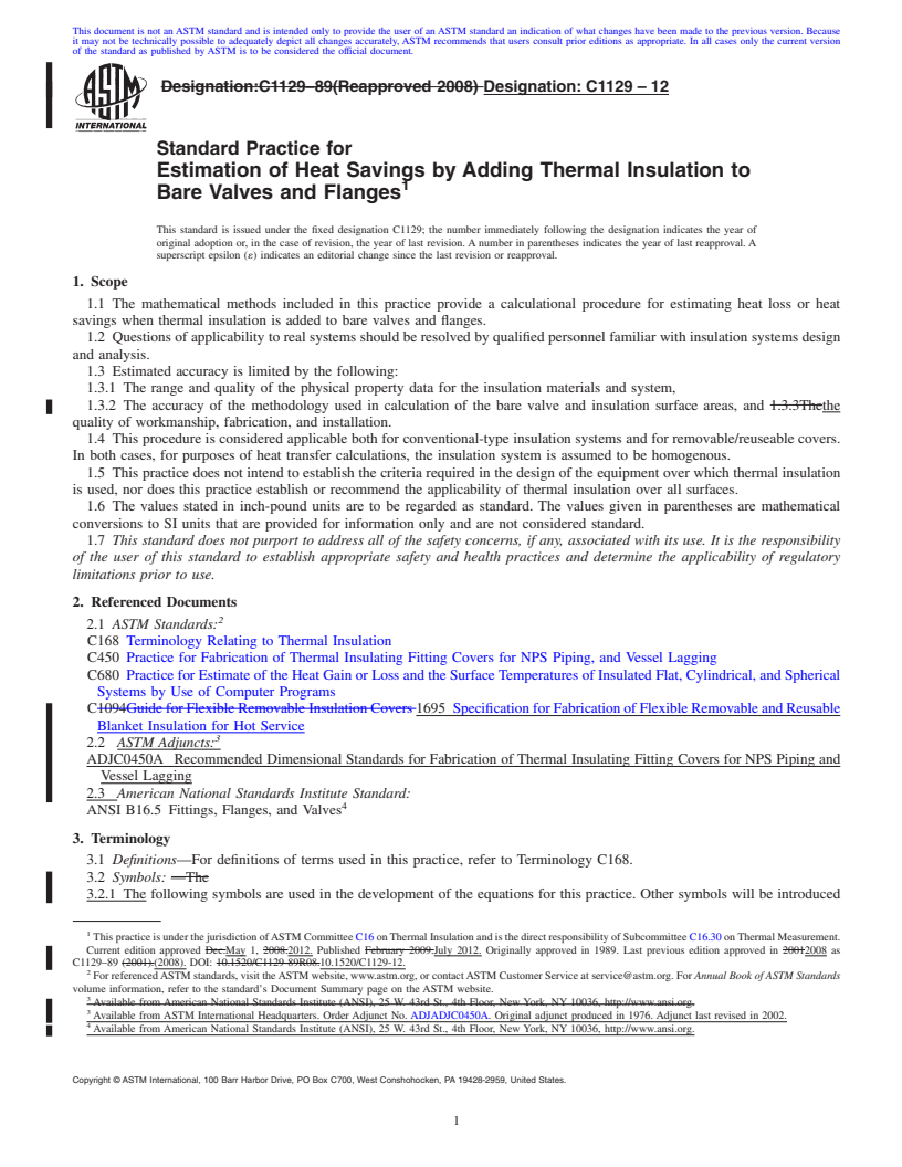 REDLINE ASTM C1129-12 - Standard Practice for Estimation of Heat Savings by Adding Thermal Insulation to Bare Valves and Flanges