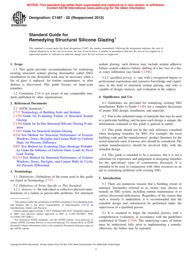 ASTM C1487-02(2012) - Standard Guide for Remedying Structural Silicone Glazing