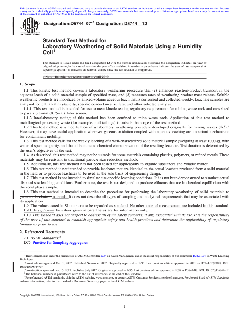 REDLINE ASTM D5744-12 - Standard Test Method for  Laboratory Weathering of Solid Materials Using a Humidity Cell