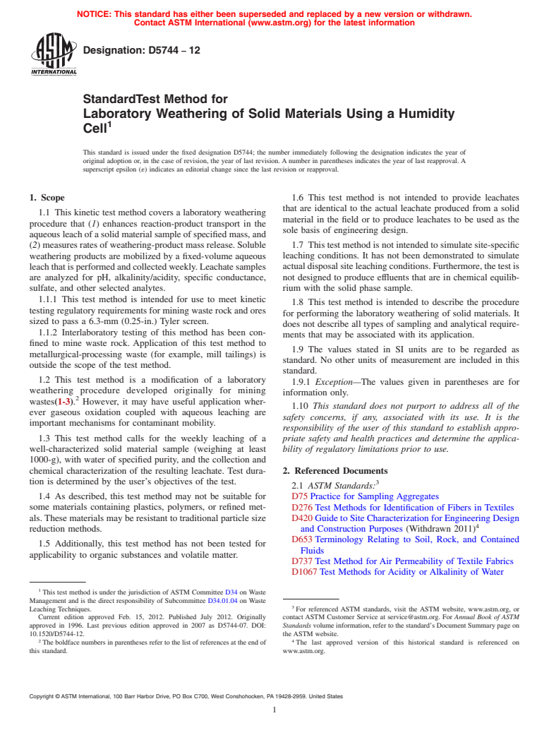 ASTM D5744-12 - Standard Test Method for  Laboratory Weathering of Solid Materials Using a Humidity Cell