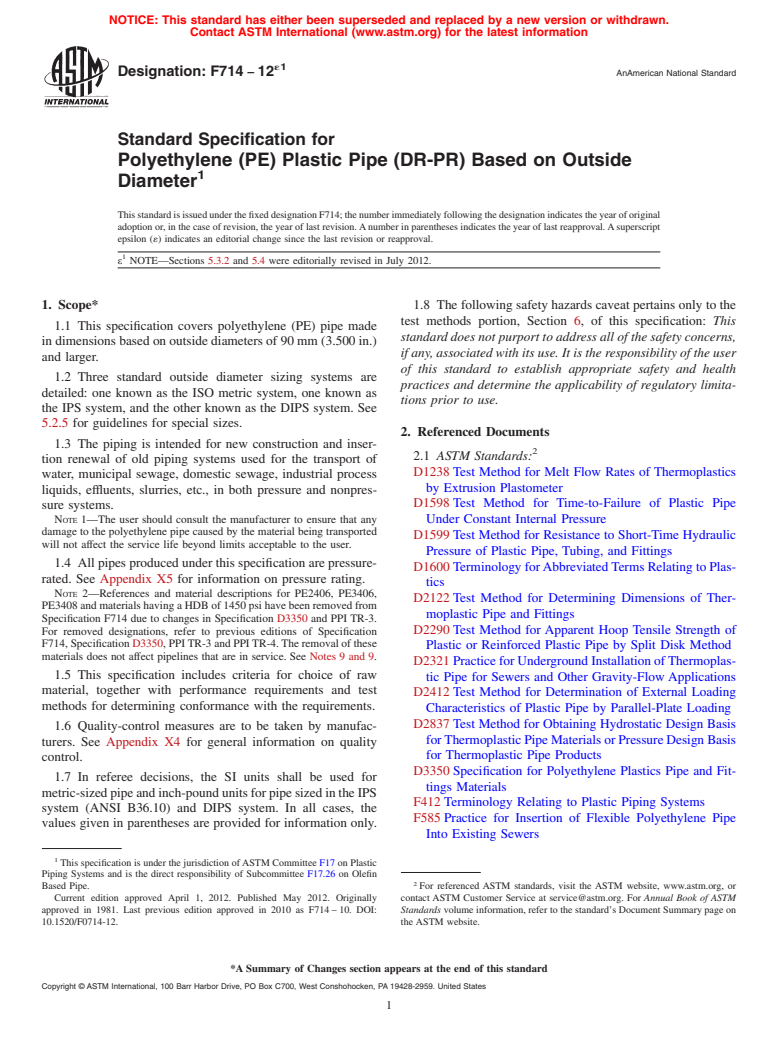 ASTM F714-12e1 - Standard Specification for Polyethylene (PE) Plastic Pipe (DR-PR) Based on Outside Diameter