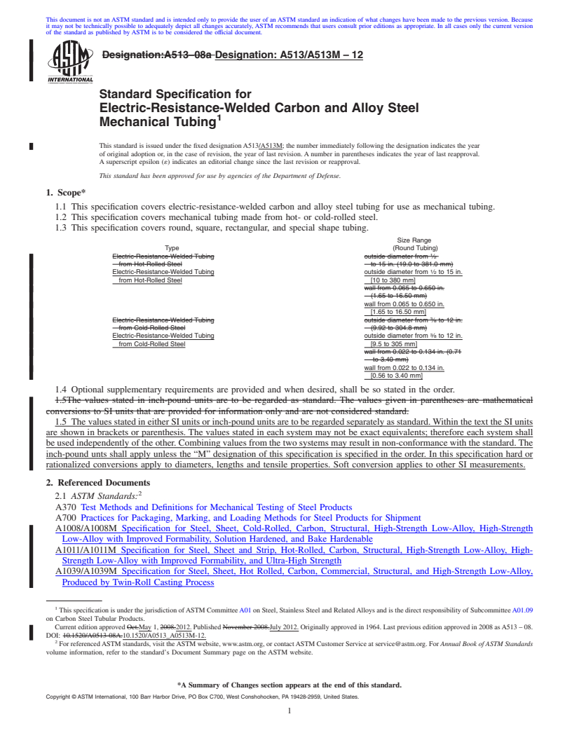 REDLINE ASTM A513/A513M-12 - Standard Specification for  Electric-Resistance-Welded Carbon and Alloy Steel Mechanical Tubing