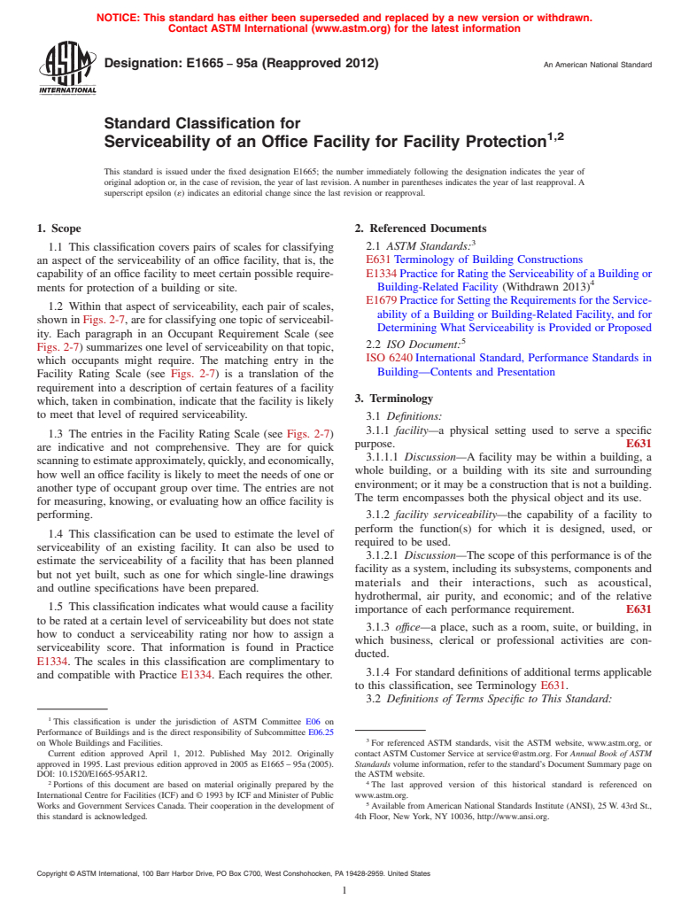 ASTM E1665-95a(2012) - Standard Classification for  Serviceability of an Office Facility for Facility Protection